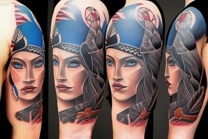 Native American princess and a wolf and modern day soldier all with blue eyes tattoo idea