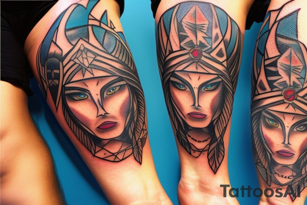 Native American princess and a wolf and modern day soldier all with blue eyes tattoo idea