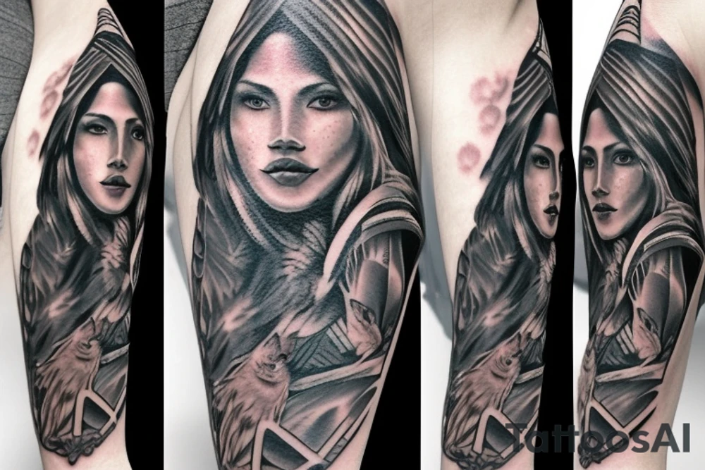 Native American princess and a wolf and a army soldier sleeve tattoo tattoo idea