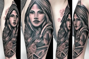 Native American princess and a wolf and a army soldier sleeve tattoo tattoo idea