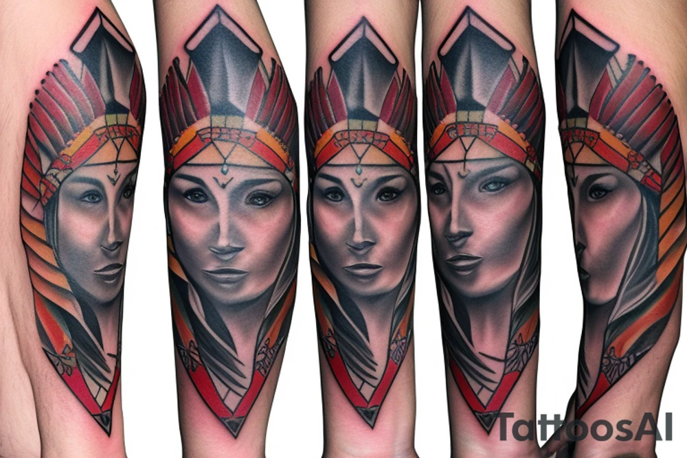 Native American princess and a wolf and a army soldier sleeve tattoo tattoo idea