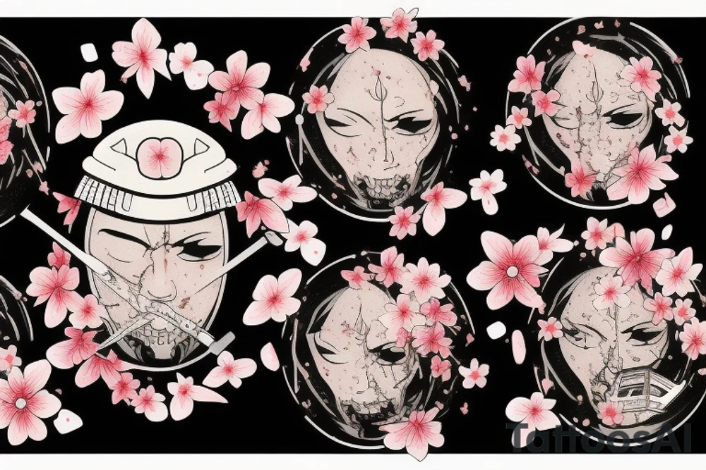 a wounded Japanese samurai standing by a river and cherry blossoms and petals falling from the cherry tattoo idea