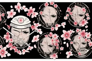 a wounded Japanese samurai standing by a river and cherry blossoms and petals falling from the cherry tattoo idea