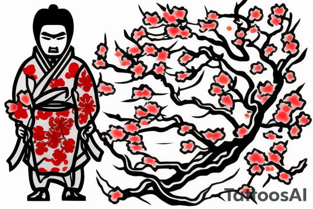 a wounded Japanese samurai standing by a river and cherry blossoms and petals falling from the cherry tattoo idea