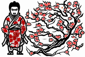 a wounded Japanese samurai standing by a river and cherry blossoms and petals falling from the cherry tattoo idea