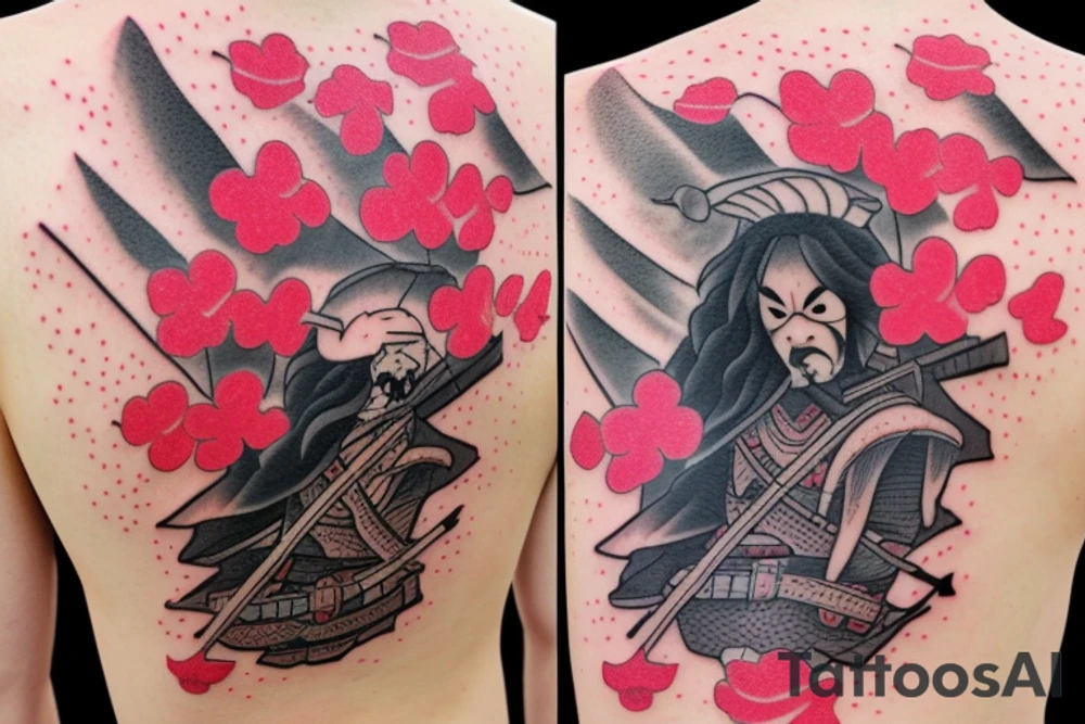 a wounded Japanese samurai standing by a river and cherry blossoms and petals falling from the cherry tattoo idea