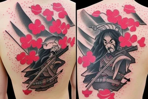 a wounded Japanese samurai standing by a river and cherry blossoms and petals falling from the cherry tattoo idea