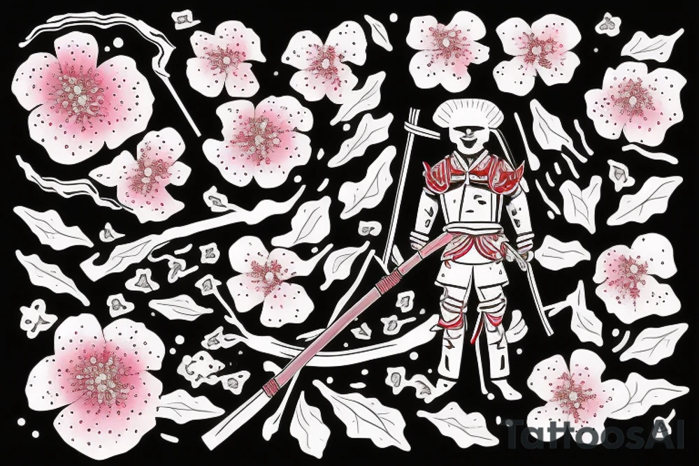 a wounded Japanese samurai standing by a river and cherry blossoms and petals falling from the cherry tattoo idea