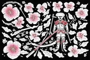 a wounded Japanese samurai standing by a river and cherry blossoms and petals falling from the cherry tattoo idea