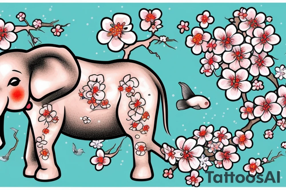 Cherry blossoms with koi fish elephant with trunks up wearing a crown tattoo idea