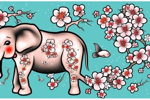 Cherry blossoms with koi fish elephant with trunks up wearing a crown tattoo idea