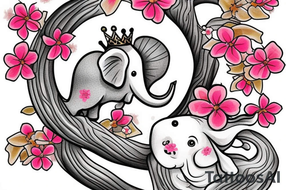Cherry blossoms with koi fish elephant with trunks up wearing a crown tattoo idea