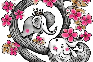 Cherry blossoms with koi fish elephant with trunks up wearing a crown tattoo idea