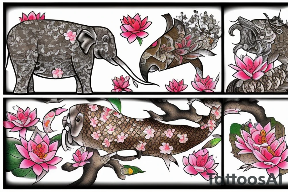 Cherry blossoms with koi fish elephant with trunks up wearing a crown lotus word waku word brown golf club tattoo idea