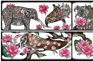 Cherry blossoms with koi fish elephant with trunks up wearing a crown lotus word waku word brown golf club tattoo idea