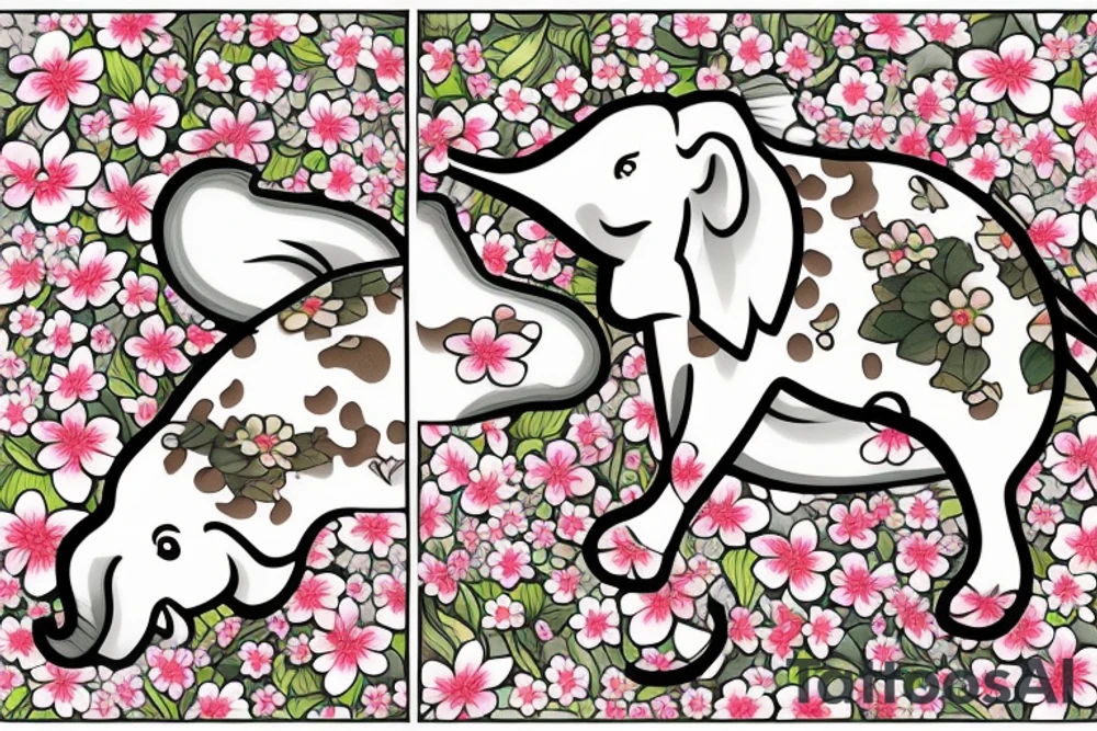 Cherry blossoms with koi fish elephant with trunks up wearing a crown lotus word waku word brown golf club tattoo idea