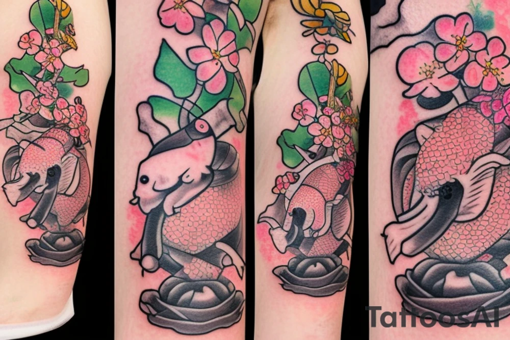 Cherry blossoms with koi fish elephant with trunks up wearing a crown lotus golf club tattoo idea