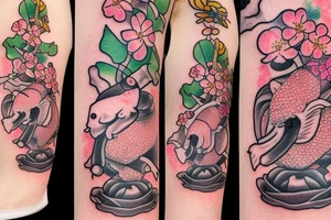 Cherry blossoms with koi fish elephant with trunks up wearing a crown lotus golf club tattoo idea