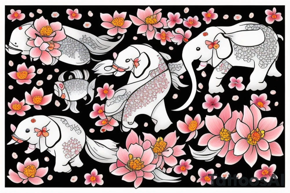 Cherry blossoms with koi fish elephant with trunks up wearing a crown lotus golf club tattoo idea