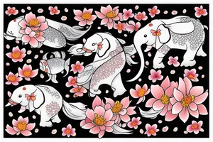 Cherry blossoms with koi fish elephant with trunks up wearing a crown lotus golf club tattoo idea