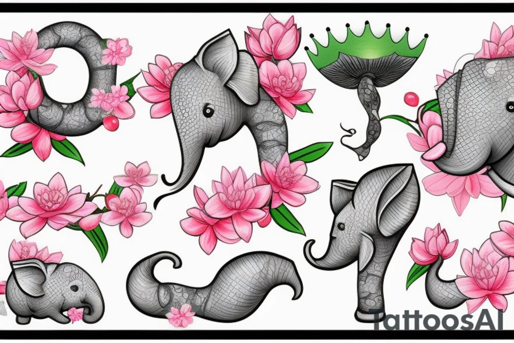 Cherry blossoms with koi fish elephant with trunks up wearing a crown lotus golf club tattoo idea