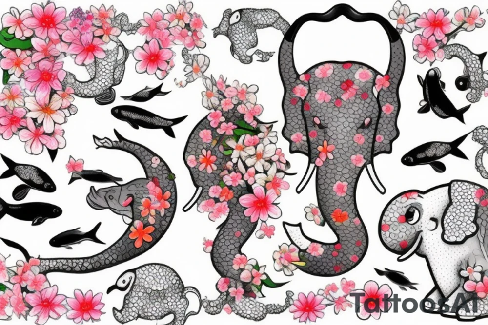 Cherry blossoms with koi fish elephant with trunks up wearing a crown lotus golf club tattoo idea