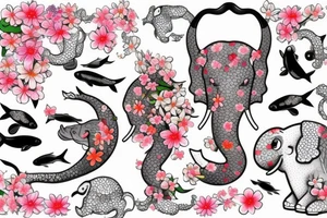 Cherry blossoms with koi fish elephant with trunks up wearing a crown lotus golf club tattoo idea