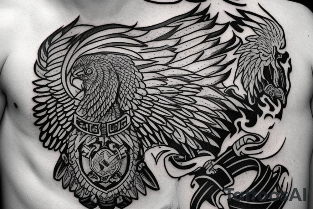 Double headed eagle with a fighter's helmet on the chest. tattoo idea Double headed eagle with a fighter's helmet on the chest. tattoo idea