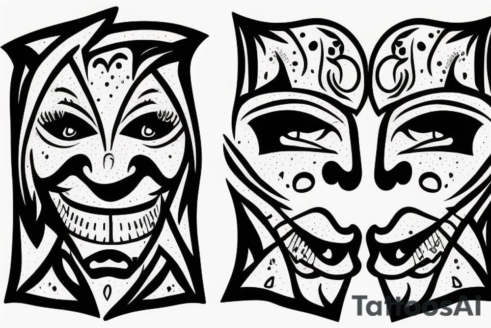 two theater masks facing the opposite way with their tongue sticking out tattoo idea