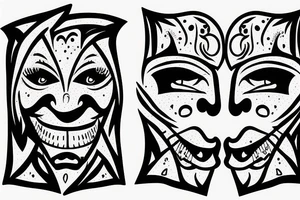 two theater masks facing the opposite way with their tongue sticking out tattoo idea