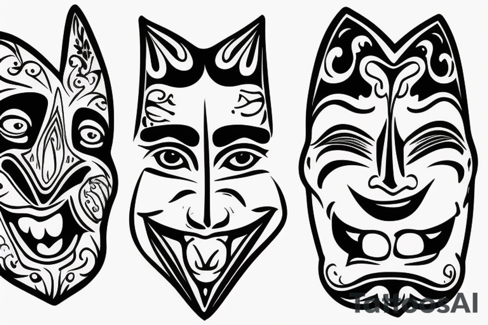 two theater masks facing the opposite way with their tongue sticking out tattoo idea