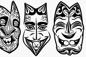 two theater masks facing the opposite way with their tongue sticking out tattoo idea