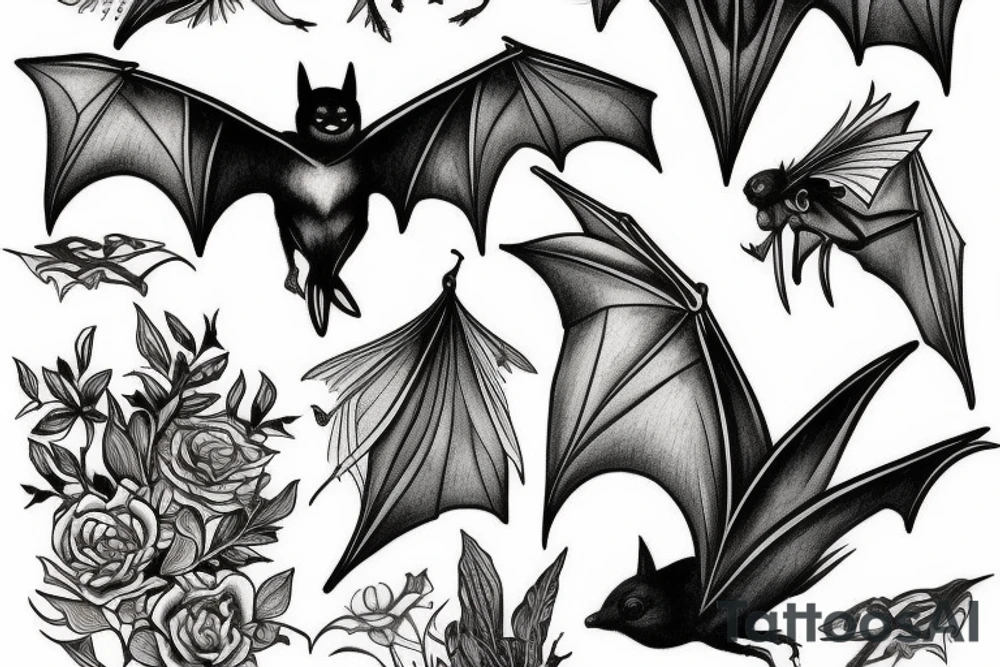 Bat with wings spread open in a botanical book style tattoo idea