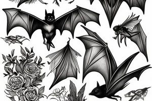 Bat with wings spread open in a botanical book style tattoo idea