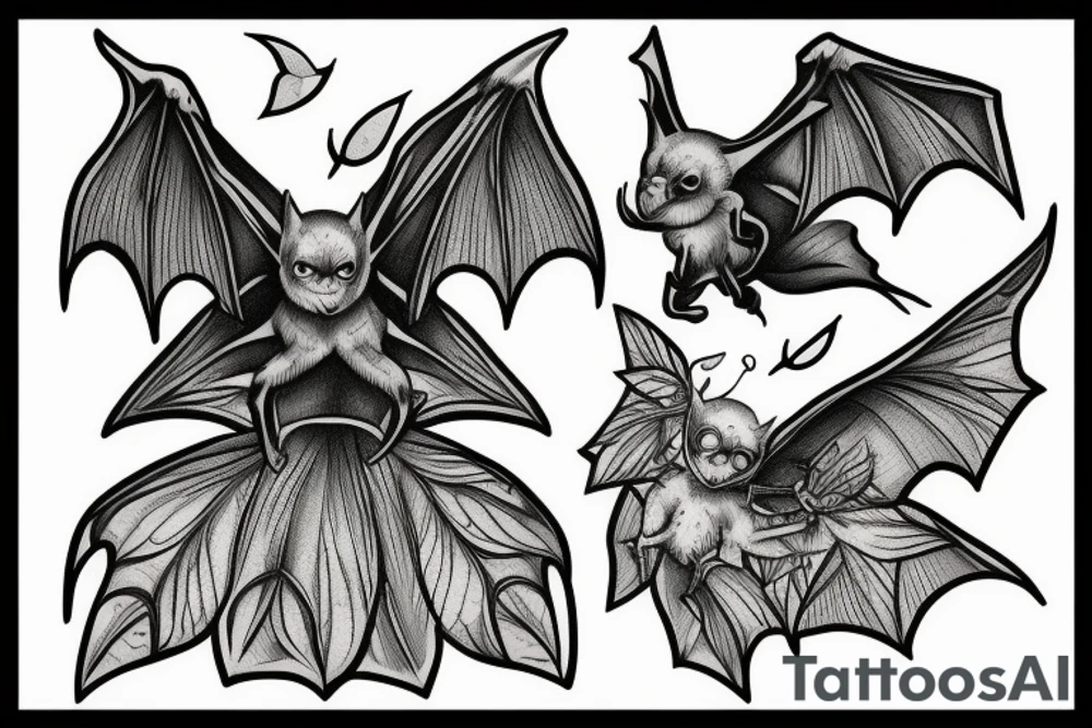 Bat with wings spread open in a botanical book style tattoo idea