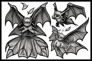 Bat with wings spread open in a botanical book style tattoo idea