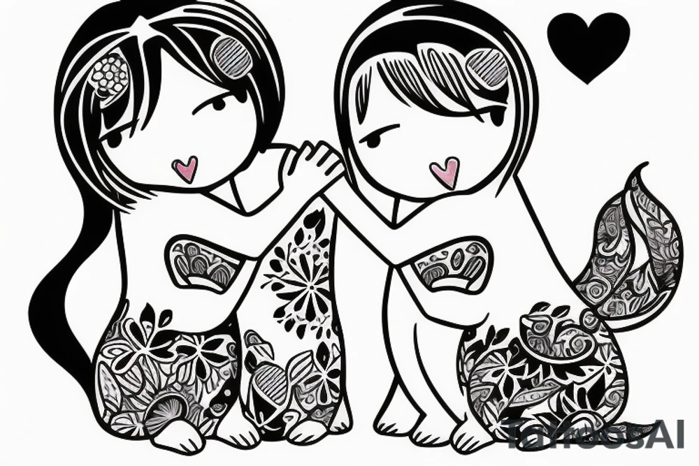 small cat and girl hugging and happy tattoo idea