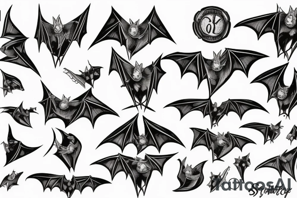 Symetrical bat with wings spread open in a vintage style tattoo idea