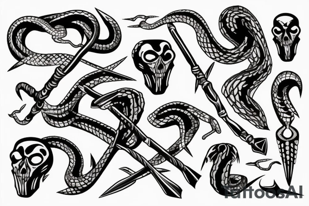 Skelton snake with pickaxes tattoo idea