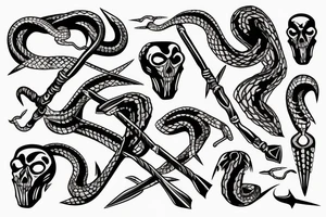 Skelton snake with pickaxes tattoo idea