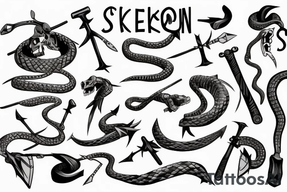 Skelton snake with pickaxes tattoo idea