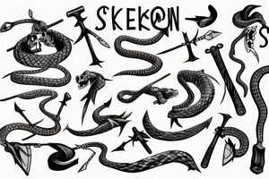 Skelton snake with pickaxes tattoo idea