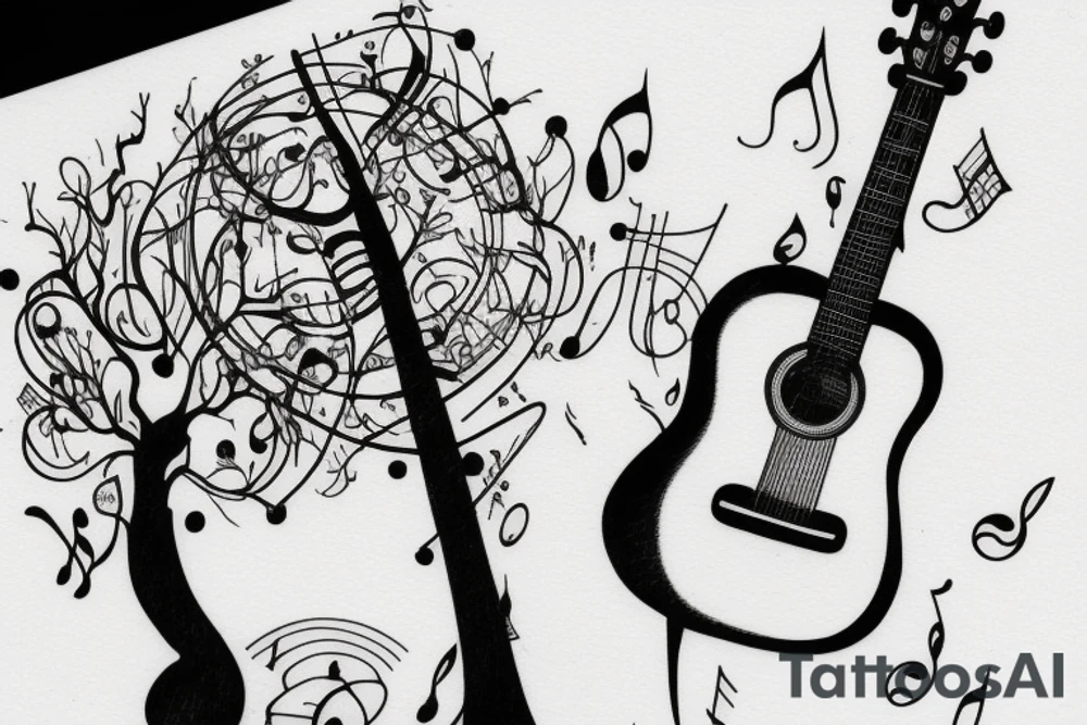 hourglass, tree, guitar, music tattoo idea