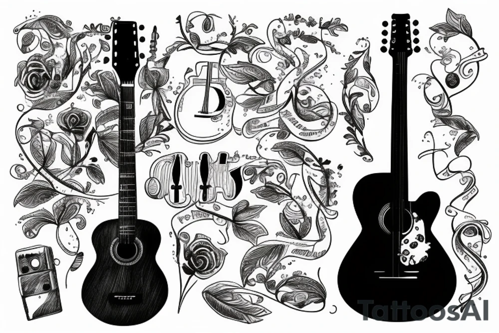 hourglass, tree, guitar, music tattoo idea