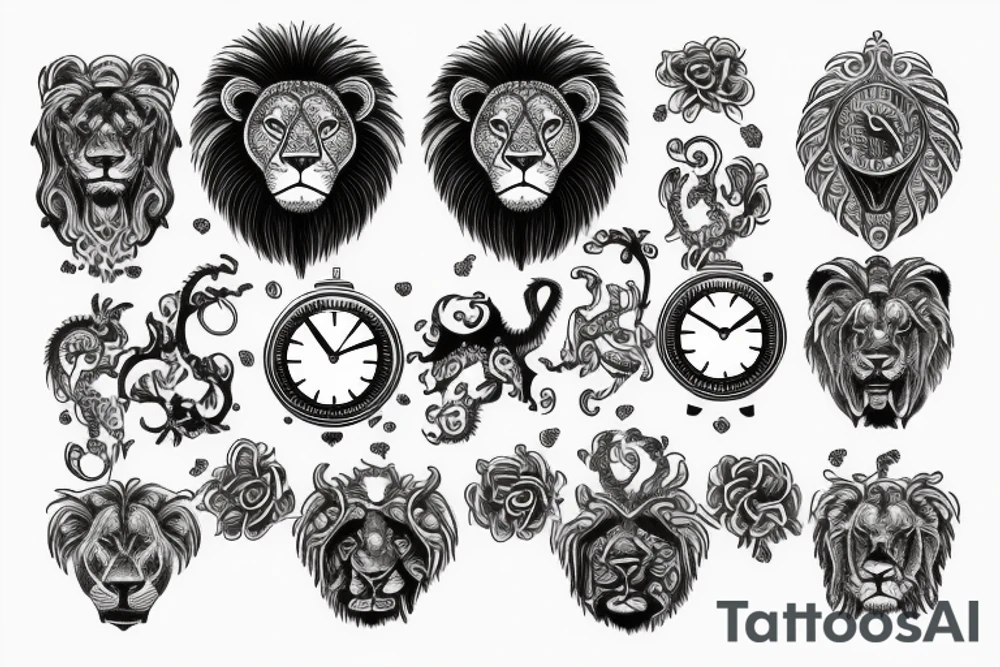 clock chain lion tattoo idea