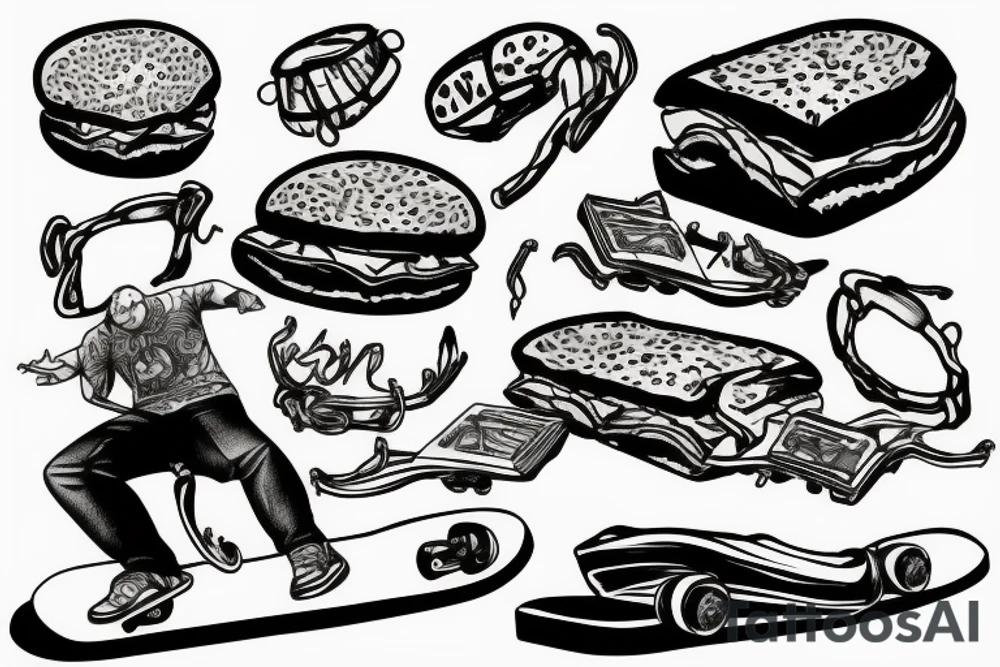 Cheeseburger listening to metal on a skateboard tattoo idea