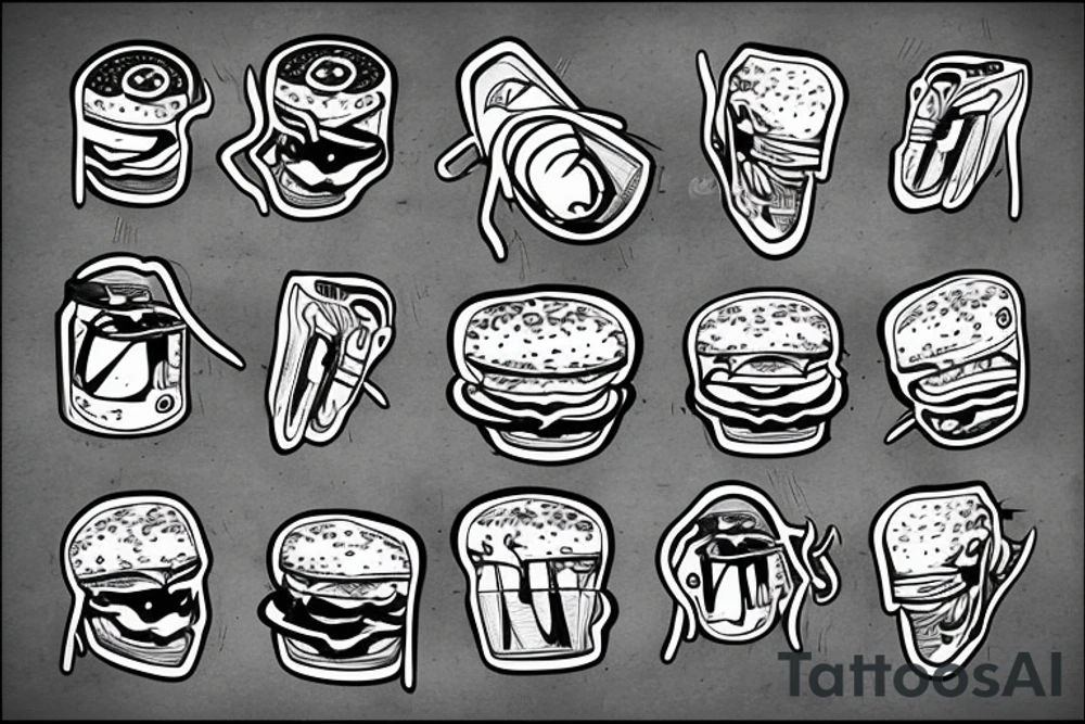 Cheeseburger listening to metal on a skateboard tattoo idea