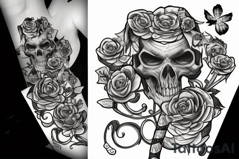 snake wrapped around a sword with skull butterflies around it and wilted flowers tattoo idea