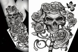 snake wrapped around a sword with skull butterflies around it and wilted flowers tattoo idea