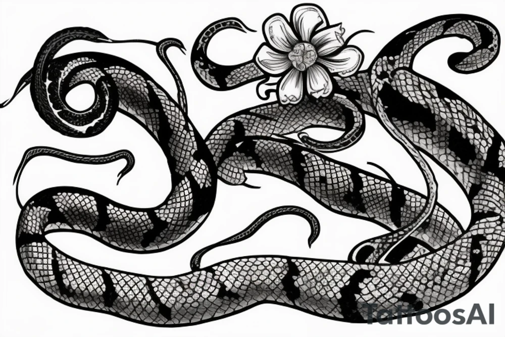 snake wrapped around a sword with skull butterflies around it and wilted flowers tattoo idea